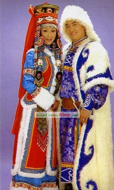 Chinese Traditional Mongolian Costume for Bride and Bridegroom