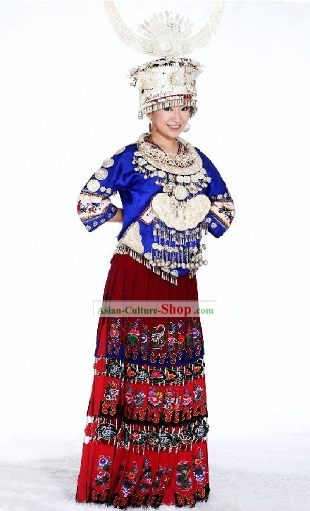 Chinese Traditional Miao Minority Costumes, Silver Crown and Necklace Complete Set