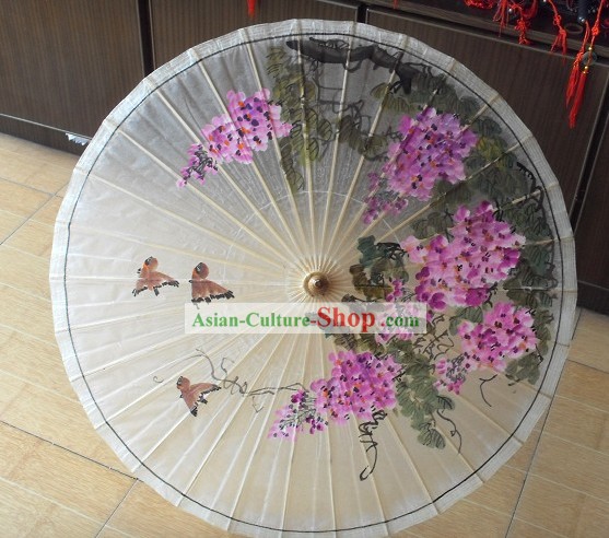 Chinese Painted Flower Bird Painting Umbrella