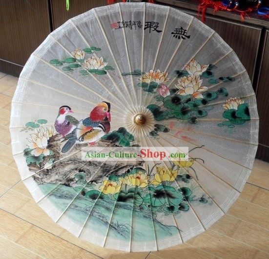 Ancient Chinese Mandarin Ducks Painted Rain and Decoration Umbrella