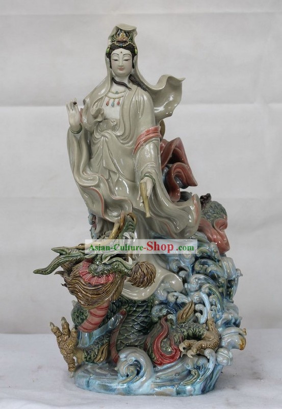 Guan Yin Ridding Dragon Shiwan Ceramics Figurine