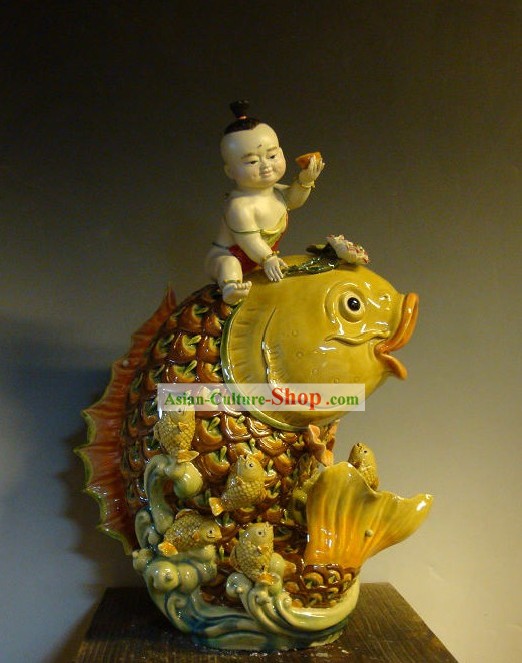 Feng Shui Carp and Boy Chinese Shiwan Ceramic Figurine