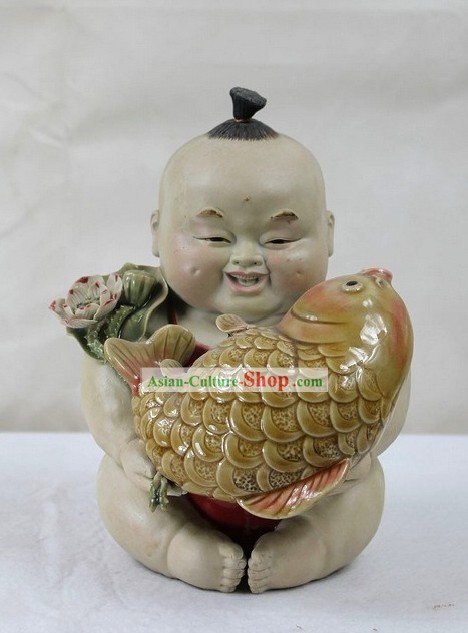 Feng Shui Fish and Chinese Baby Shiwan Ceramic Figurine