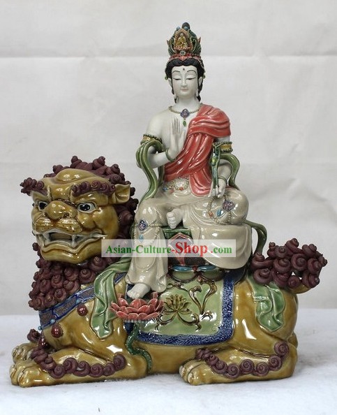 Lion and Buddha Chinese Shiwan Ceramic Figurine