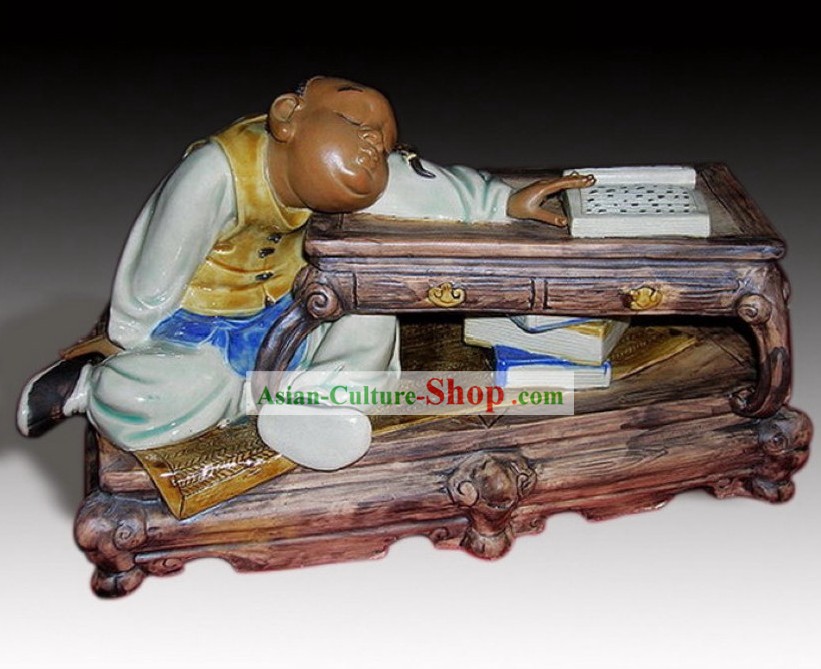Sleeping Reader Chinese Shiwan Ceramic Figurine