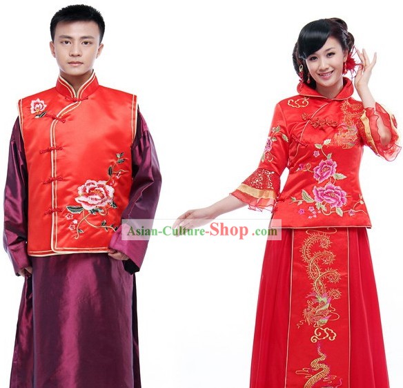 Traditional Chinese Mandarin Wedding Dress 2 Sets for Men and Women