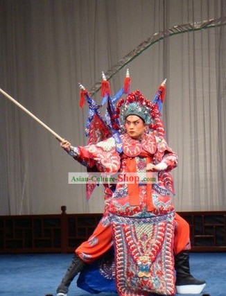 Peking Opera Wusheng Armor Costume with Flags and Helmet