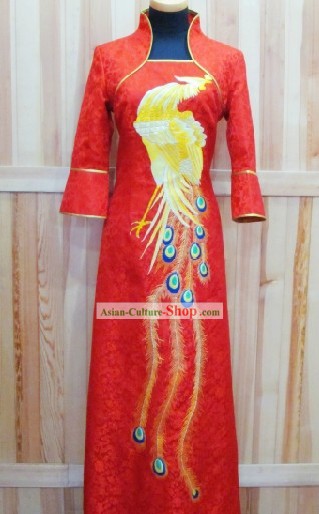 Chinese Hand Embroidered Wedding Phoenix Modern Qipao for Women