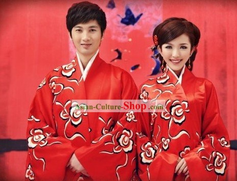 Traditional Chinese Mandarin Wedding Dress 2 Sets for Men and Women