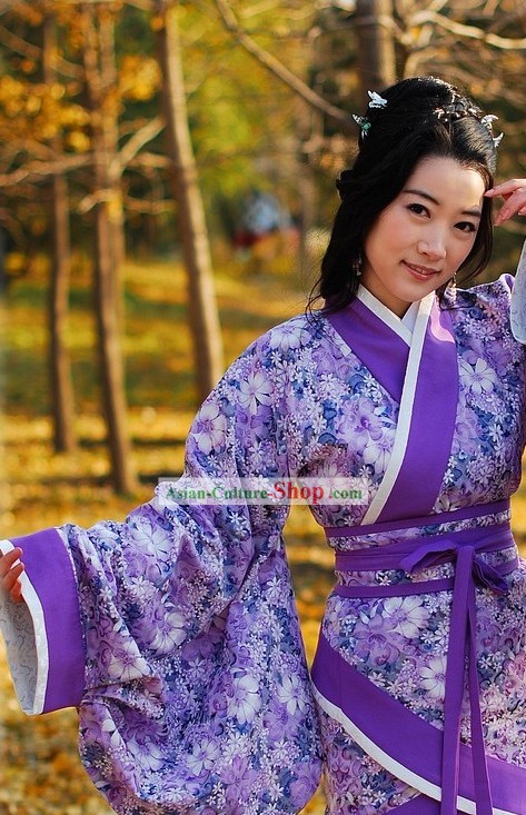 Ancient Chinese Purple Flower Hanfu Clothing