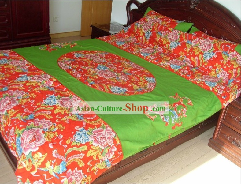 Traditional Chinese Wedding Bed Sheet and Pillows Complete Set