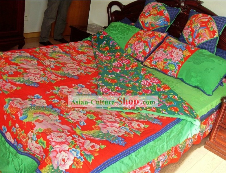 Traditional Chinese Wedding Phoenix Dragon Bed Sheet and Pillows Complete Set