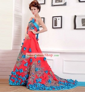 Traditional Chinese Blue Phoenix Wedding Skirt for Brides