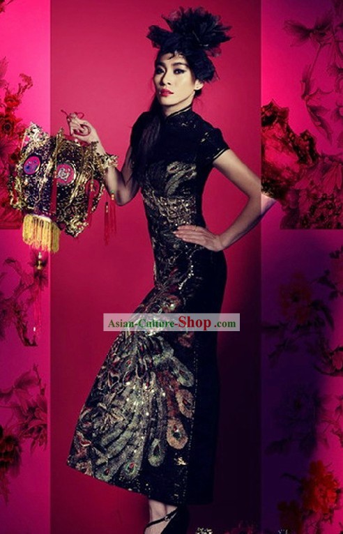 Traditional Chinese Black Phoenix Cheongsam