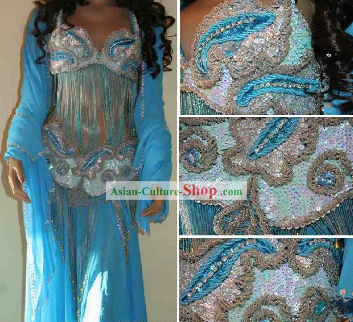 Top Competition Long Blue Belly Dance Costumes Complete Set for Women