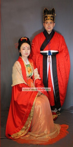 Tang Dynasty Wedding Dress Two Sets for Bride and Bridegroom
