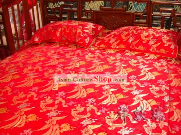 Beijing Rui Fu Xiang Silk Red Dragon Phoenix Wedding Bed Sheet Pillowships Set