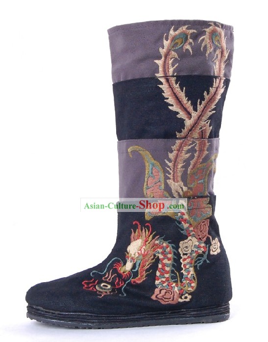 Traditional Chinese Handmade Embroidered Dragon Phoenix Boots