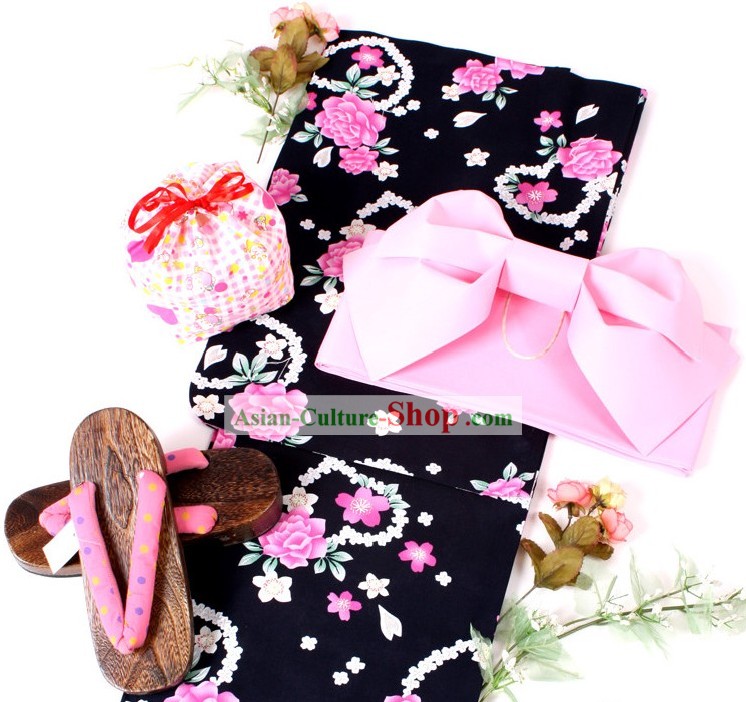 Japanese Kimono Yukata Obi Belt e Geta Sandal seis peças Conjunto Completo para as Mulheres