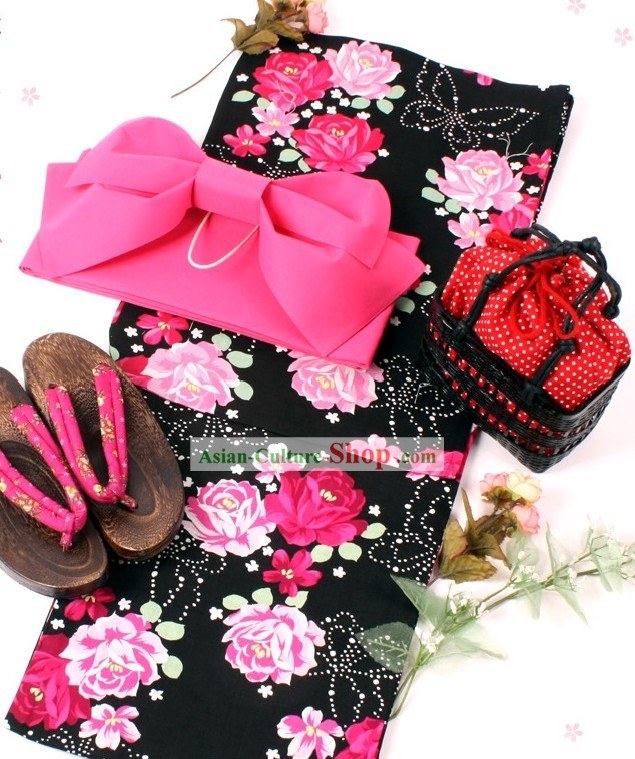 Japanese Yukata Kimono Obi Belt and Geta Sandal Six Pieces Complete Set for Women