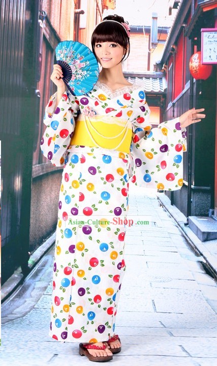 Colorful Japanese Yukata Kimono Obi Belt and Geta Sandal Six Pieces Complete Set for Women