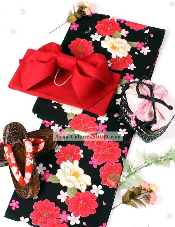 Japanese Female Yukata Kimono Obi Belt Geta Sandal Complete Set