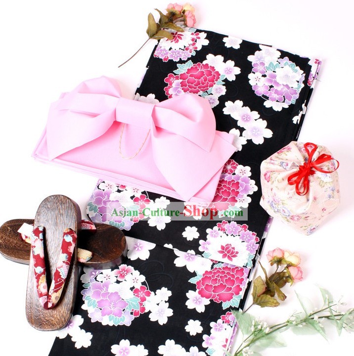 Japanese Kimono Yukata Obi Belt Geta Set Sandal completa para senhoras