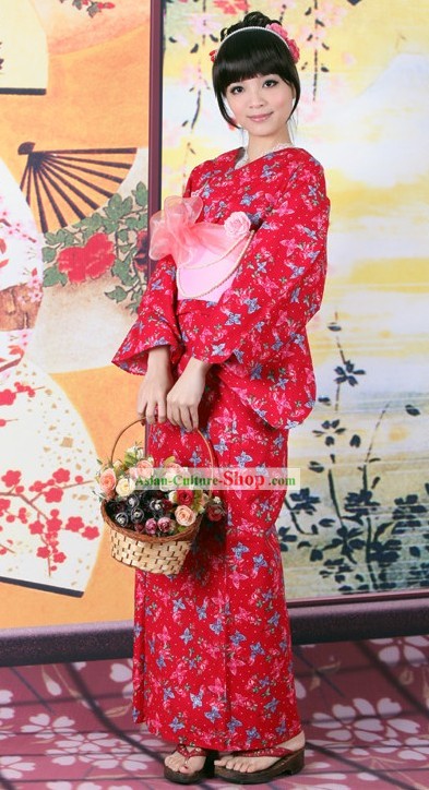 Japanese Red Yutaka Kimono Obi Belt Geta Sandal Complete Set for Women
