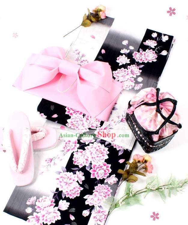 Traditional Japanese Yutaka Kimono Obi and Geta Sandal Complete Set for Women