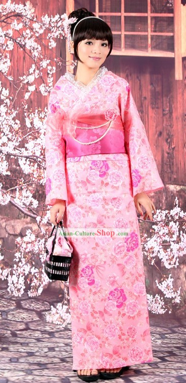 Tradicional japonês Yutaka Kimono rosa Obi e Geta Sandal Set completo para as Mulheres