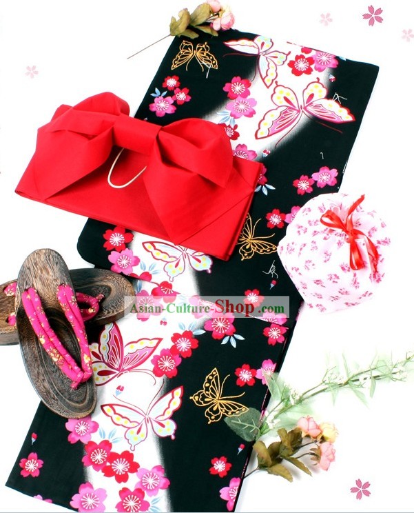 Tradicional japonês Yutaka borboleta Kimono Obi e Geta Sandal Set completo para as Mulheres