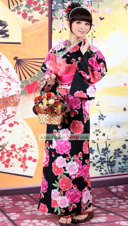 Kimono tradicional japonês Yutaka Vestido Obi e Geta Sandal Set completo para as Mulheres