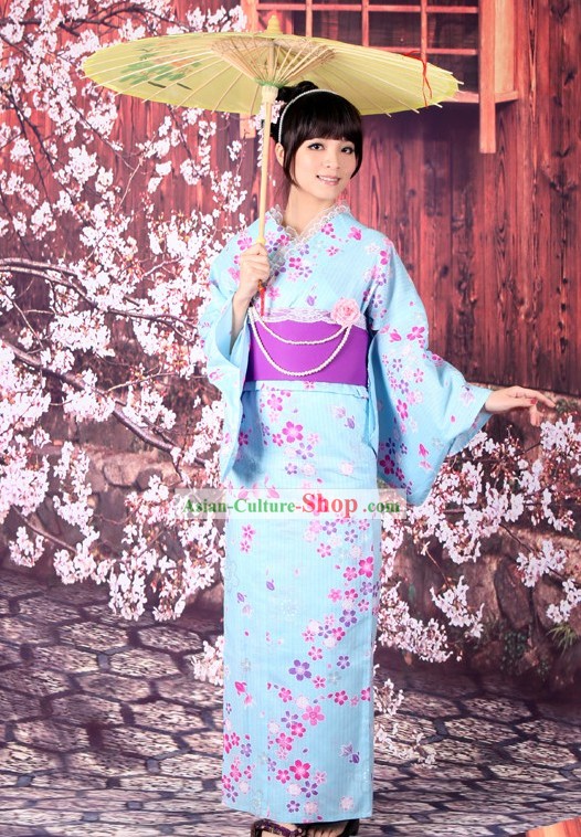 Traditional Japanese Yutaka Kimono Clothes Obi and Geta Sandal Complete Set for Women