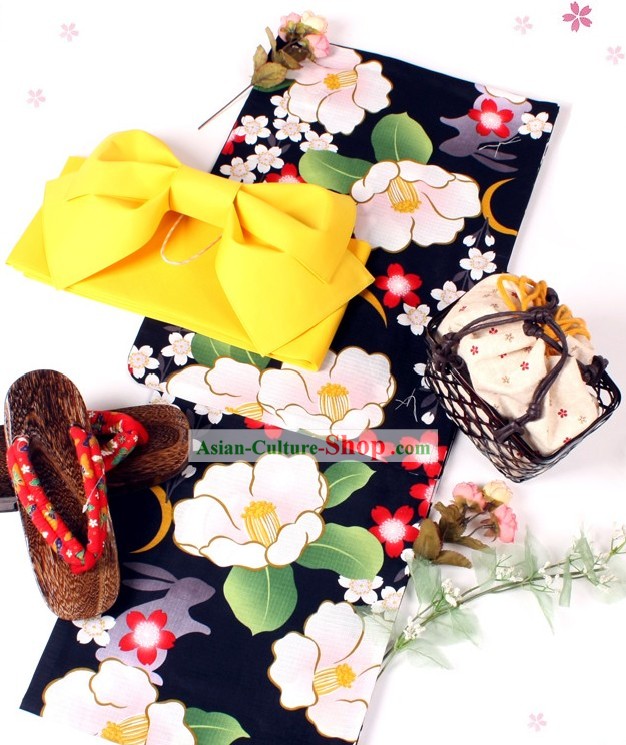 Japanese Yutaka Kimono Clothing Obi and Geta Sandal Complete Set for Women