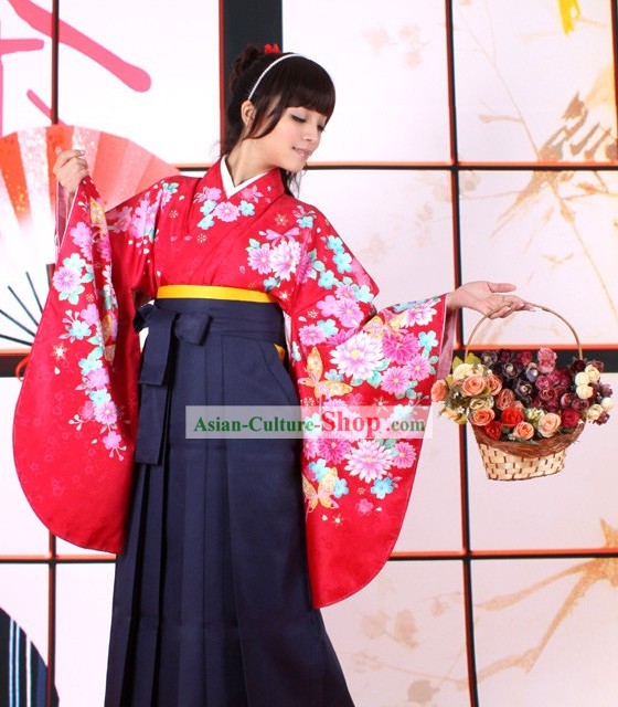 Japanese Furisode Kimono Obi and Geta Sandal Complete Set for Women
