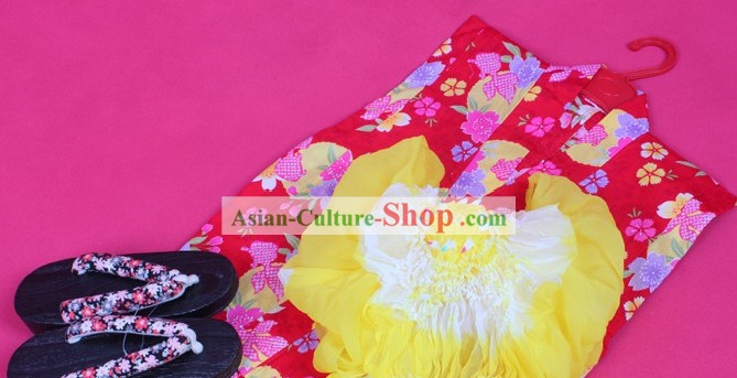 Japanese Kimono Yukata Vestido Obi e Geta Set Sandal completa para crianças