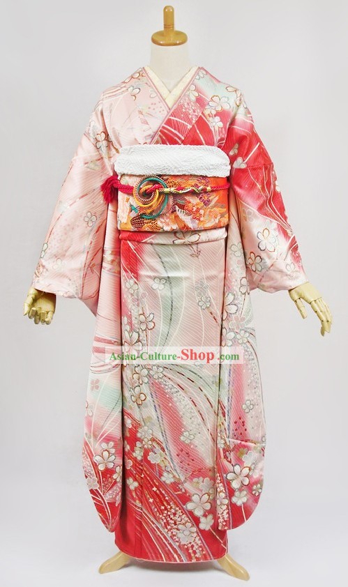 Traditionnelle japonaise Kimono Furisode robe Obi et Geta Sandal Set complet pour les femmes