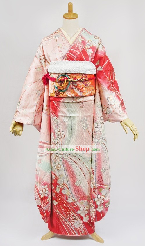 Traditional Japanese Furisode Kimono Dress Obi and Geta Sandal Complete Set for Women