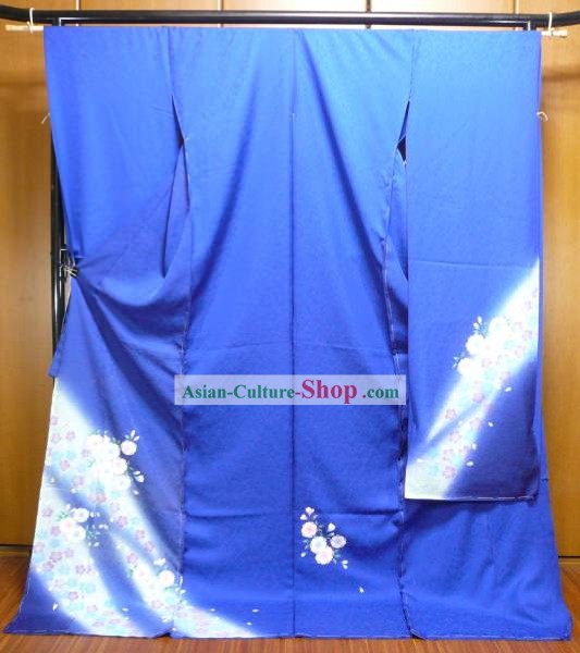 Traditionnel japonais Blue Dress Kimono Furisode Obi et Geta Sandal Set complet pour les femmes