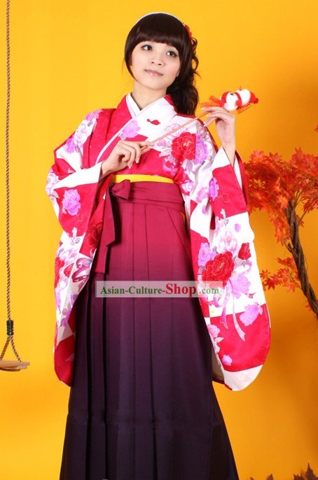 Japanese Furisode Kimono Obi and Geta Sandal Complete Set for Women