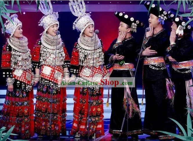 Chinese Miao Male and Female Clothing and Hats 2 Sets