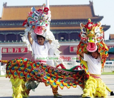 Traditional Chinese Yellow Kylin Dancing Costumes Complete Set