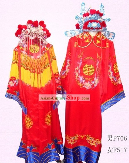 Traditional Chinese Wedding Dresses and Hats Two Sets for Bride and Bridegroom