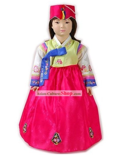 Traditional Korean Baby Girl Hanbok Clothing and Hat Complete Set