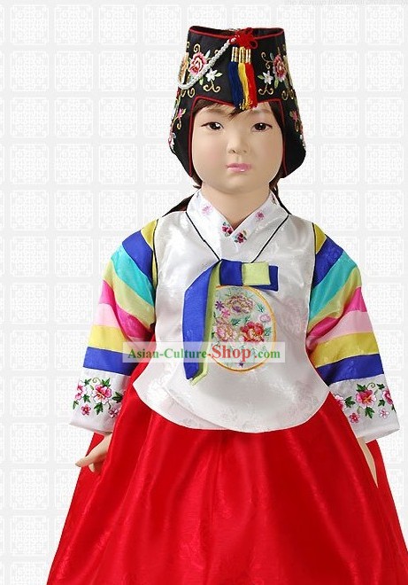 Traditional Korean Baby Girl Hanbok Clothing and Hat Complete Set