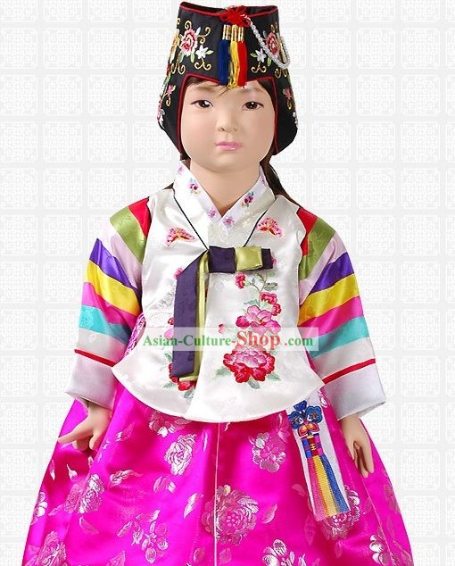 Traditional Korean Baby Girl Hanbok Clothing and Hat Complete Set