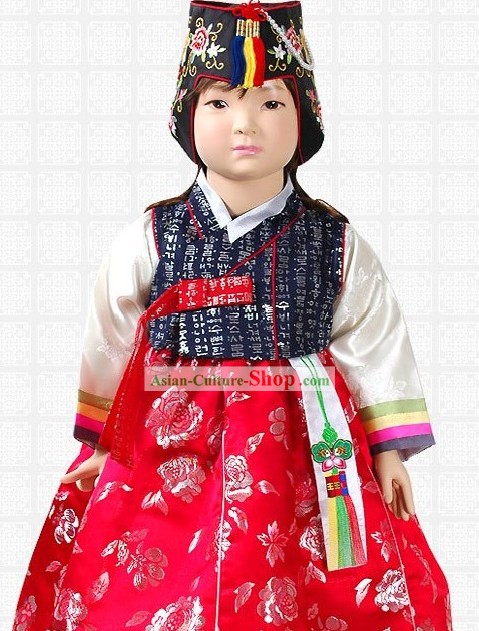 Traditional Korean Baby Girl Hanbok Clothing and Hat Complete Set