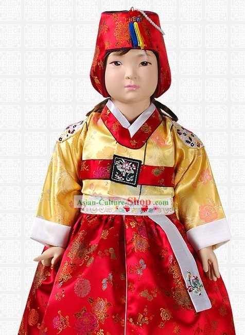 Traditional Korean Baby Girl Hanbok Clothing and Hat Complete Set