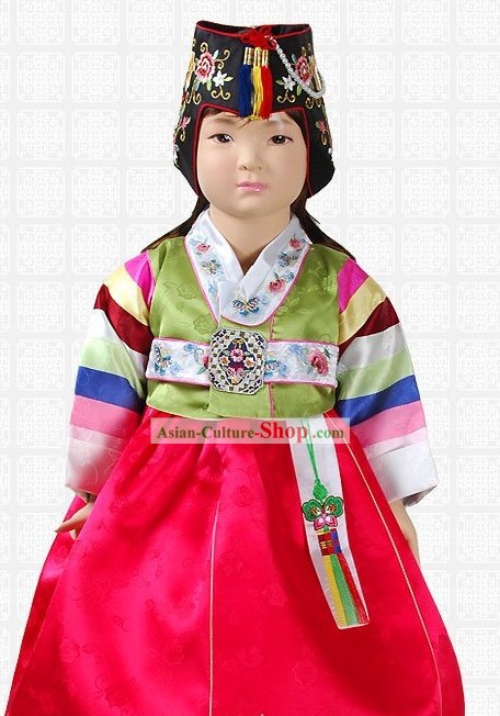 Traditional Korean Baby Girl Hanbok Clothing and Hat Complete Set