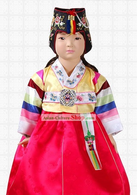 Traditional Korean Baby Girl Hanbok Clothing and Hat Complete Set